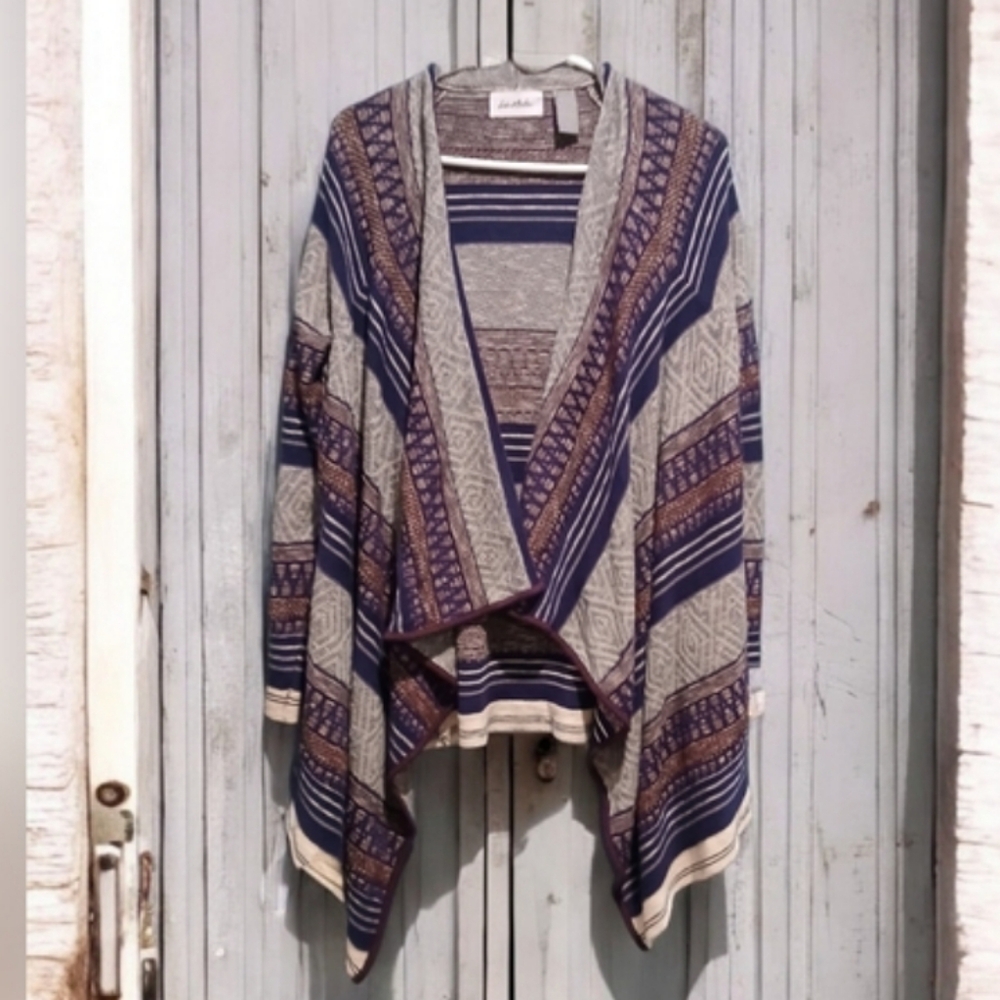 Le Moda Drape Striped Cardigan Sweater Womans Medium Tan Blue Maroon Drape